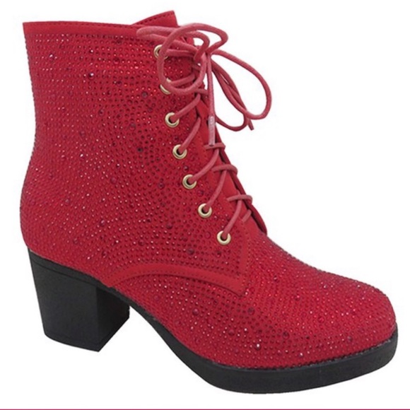 Last Pair! Tan Lace-Up Gold Rhinestone Embellished Heeled Combat Bootie 10 - Picture 4 of 5